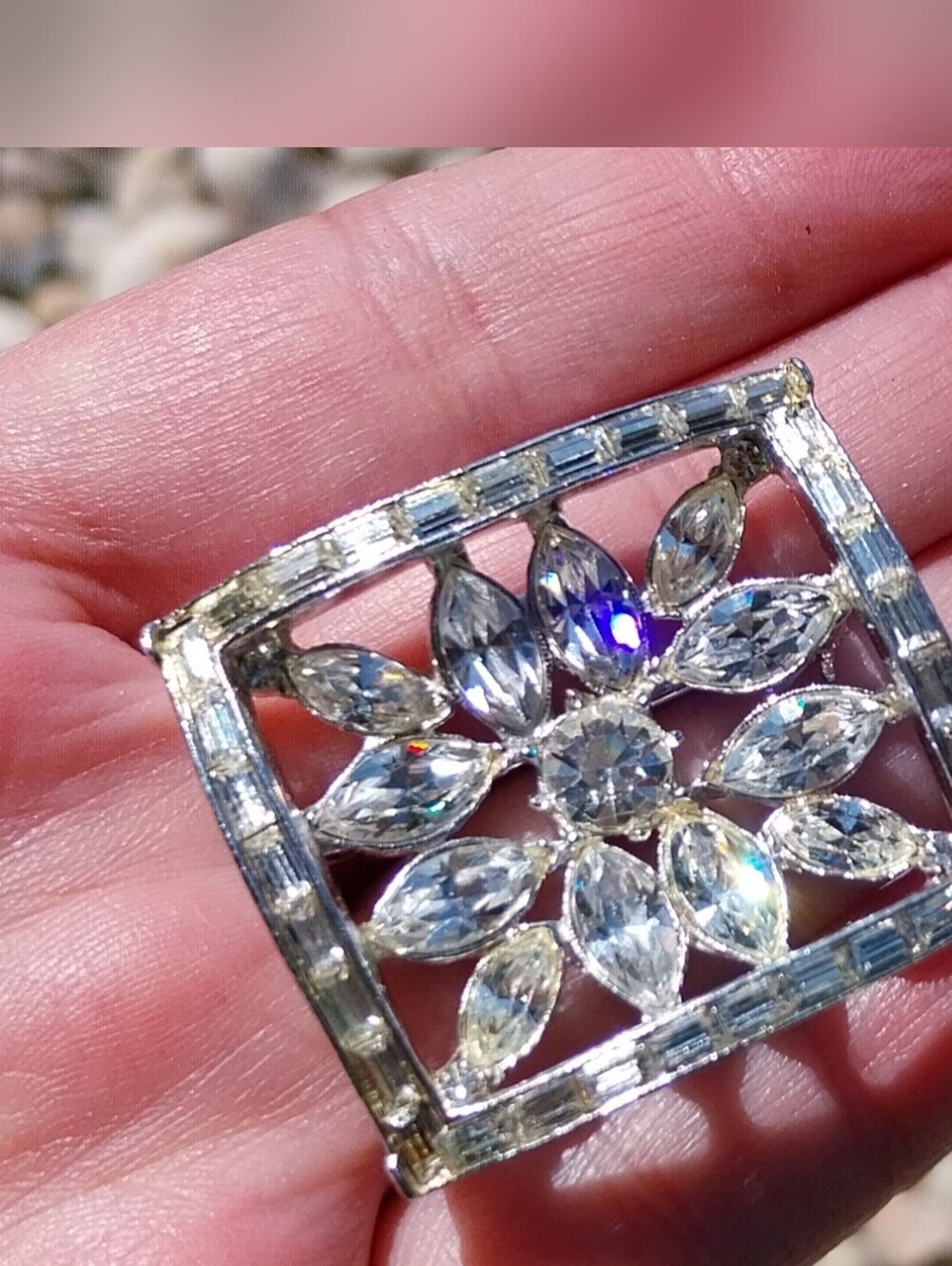 Vintage Silver-Tone Clear Crystal Floral Brooch